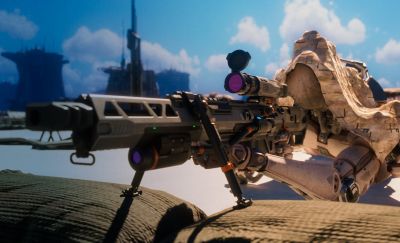 Den nya spelgrafiken med en spelare som tittar genom ett sikte i förstapersonsperspektiv