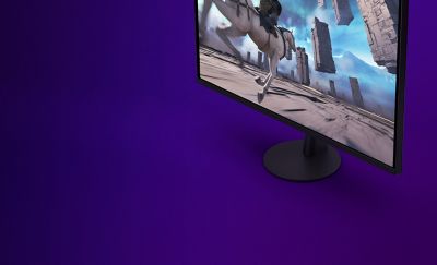 The new M9 II Gaming Monitor low profile stand showcasing gameplay graphics on the monitor.