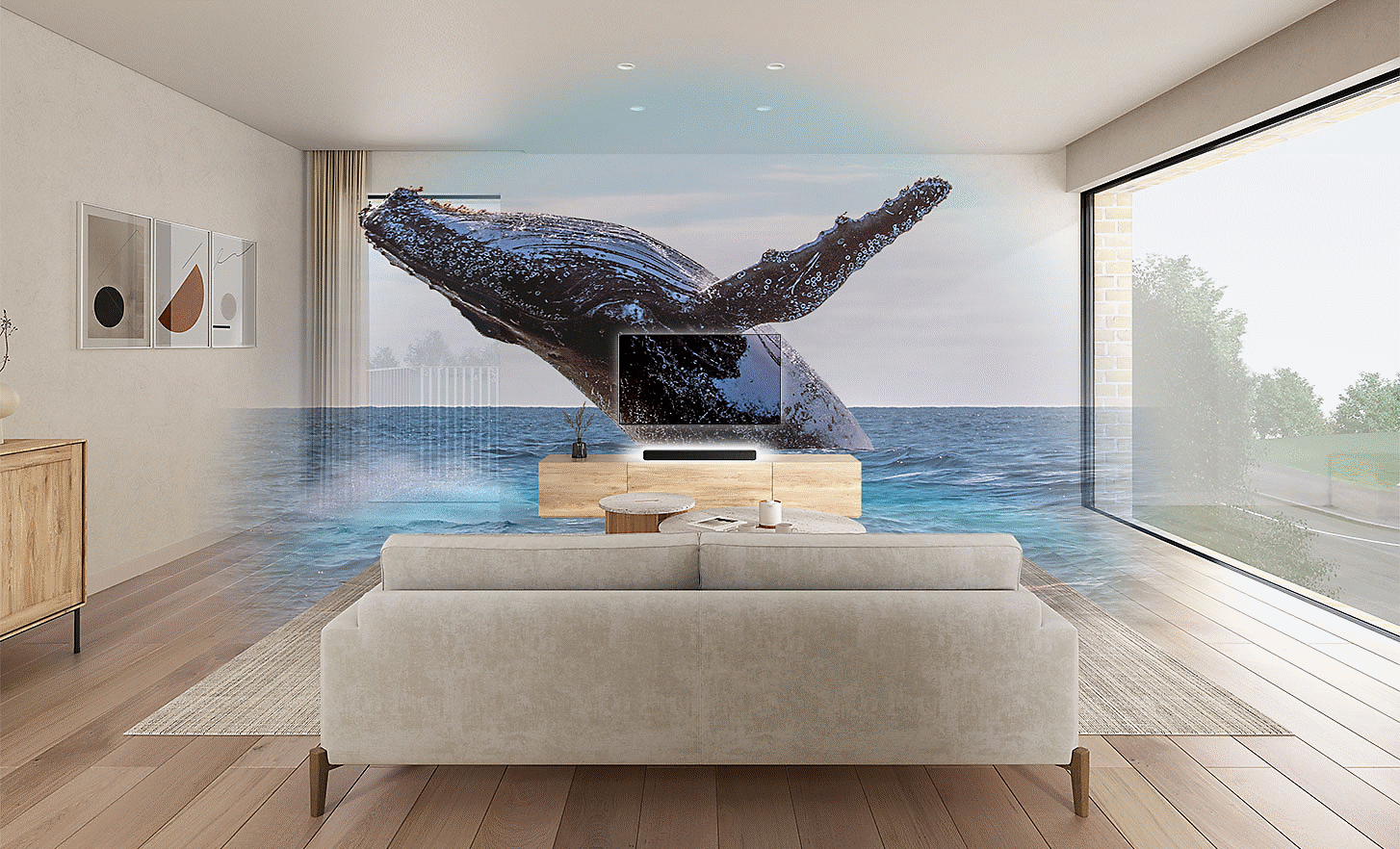 Imagem de uma sala de estar com uma televisão e barra de som HT-S2000 no centro, uma imagem de marca de água de uma baleia na parte superior