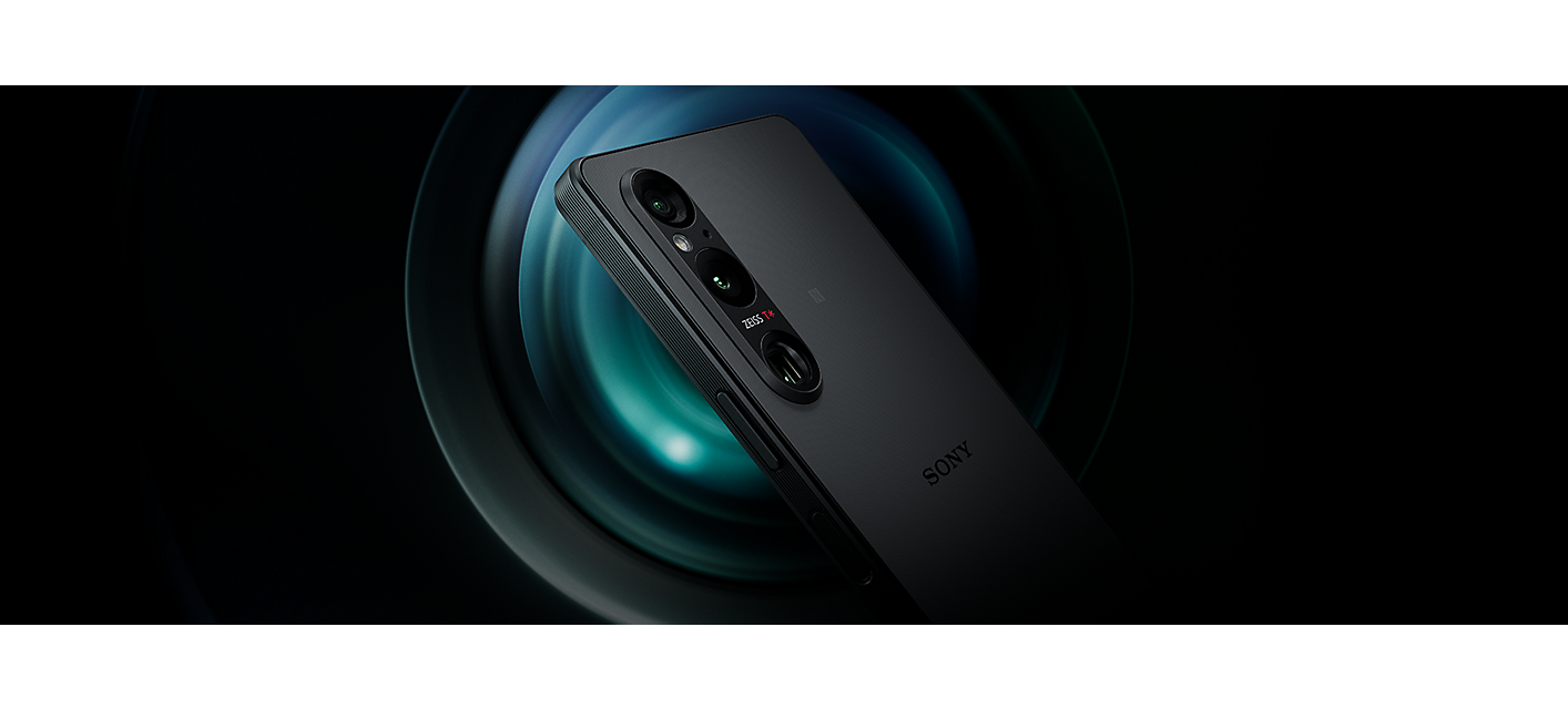 Image of the Xperia 1 V on a black background with light blue swirls