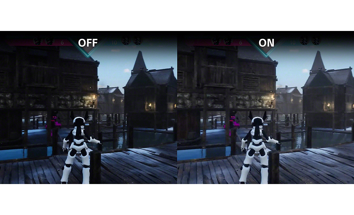 遊戲螢幕截圖的雙視圖，左方影像較暗並標記「關閉」，右方影像較亮並標記「開啟」