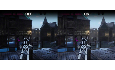 Dual view of gaming screenshots, the left hand image is darker and labelled OFF, the right hand image is lighter and labelled ON