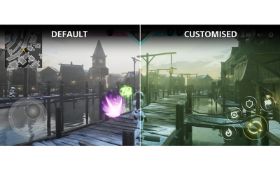 Split screen gaming image, the left side is labelled DEFAULT and the right is labelled CUSTOMISED