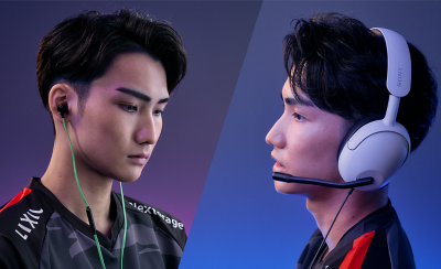 Split screen image of a gamer wearing in-ear headphones and a gamer wearing a gaming headset