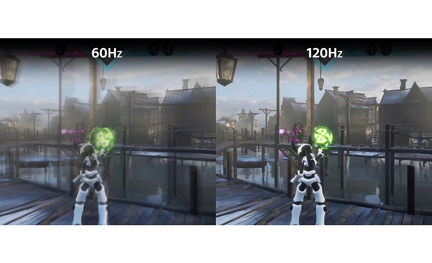 遊戲螢幕截圖的雙視圖，左側影像標示 60Hz，右側影像標示 120Hz