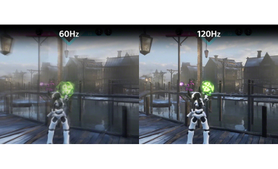 Dual view of gaming screenshots, the left hand image is labelled 60Hz, the right hand image is labelled 120Hz