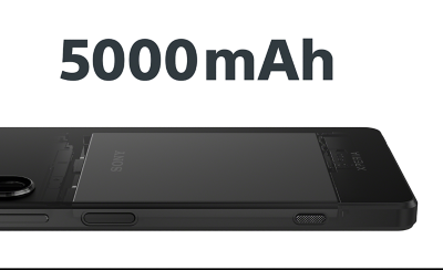 5000mAh in bold text above an X-ray image of Xperia 1 IV showing its large battery