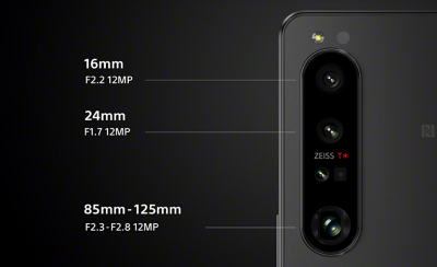 Close-up of rear camera on Xperia 1 IV with three lenses labelled 16mm, 24mm and 85mm - 125mm