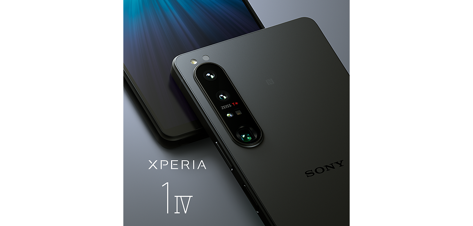 Twee Xperia 1 IV-smartphones tegen een grijze achtergrond naast het logo van Xperia 1 IV.