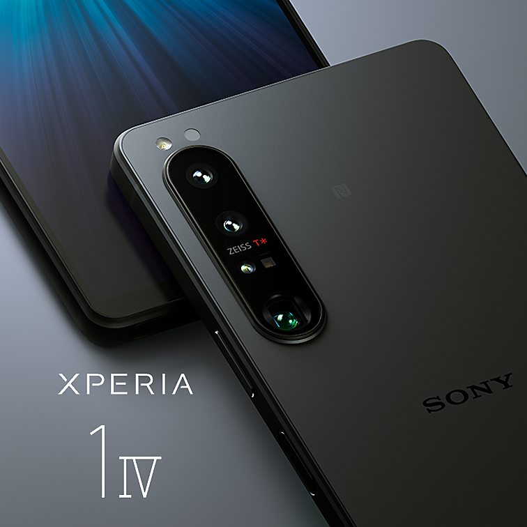 Two Xperia 1 IV smartphones on grey background next to Xperia 1 IV logo.