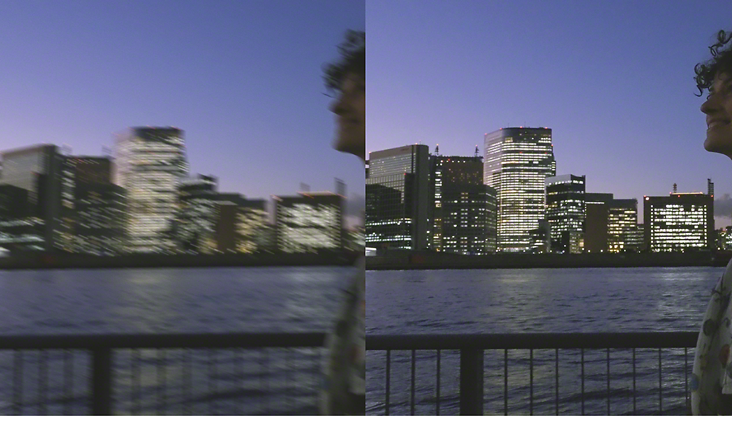 Dual image of a cityscape at night, the left image is blurry, the right is crisp and sharp