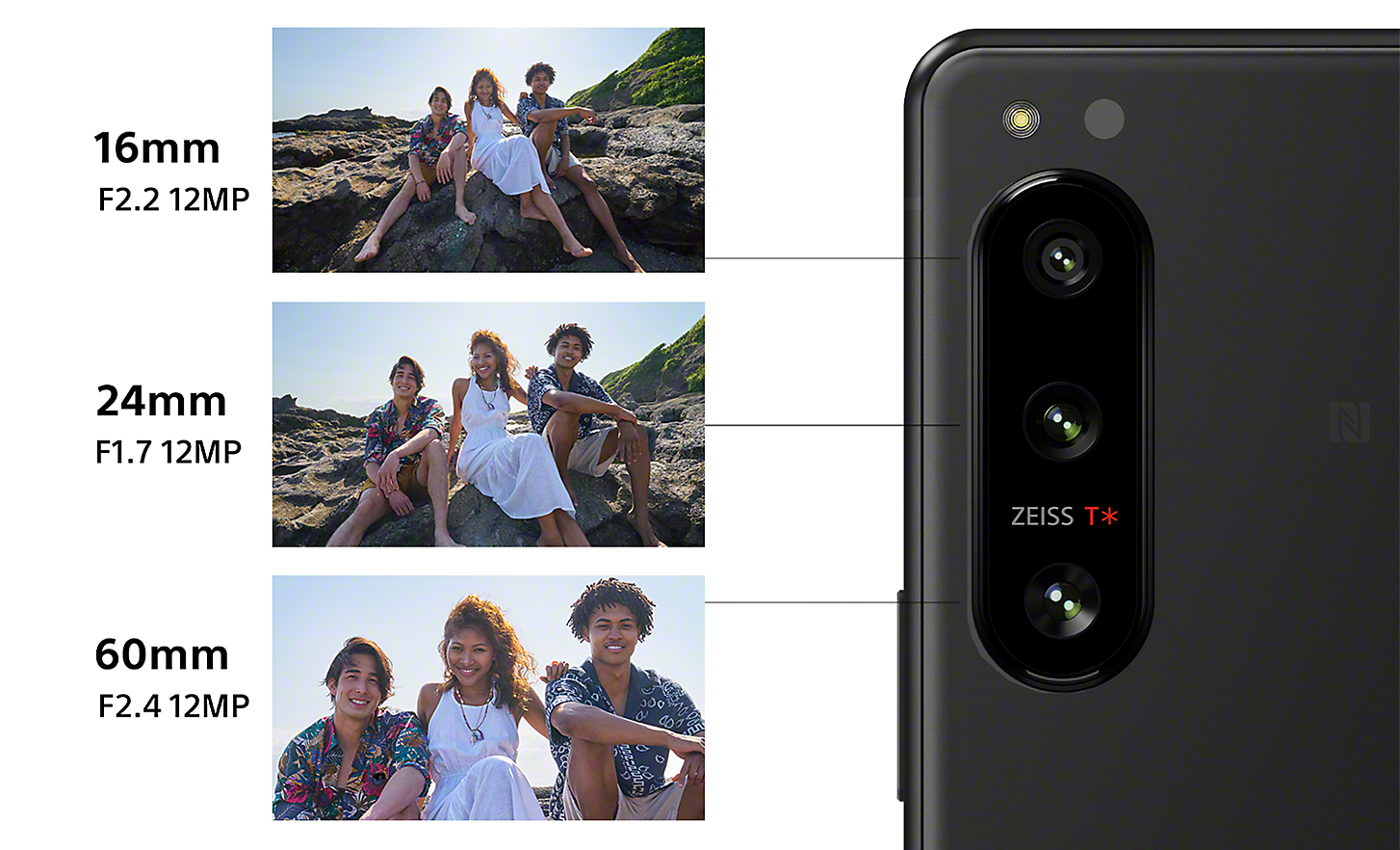Composite, annotated image featuring a close-up of Xperia 5 IV's triple lens camera, alongside three portraits taken with 16mm, 24mm and 60mm lenses