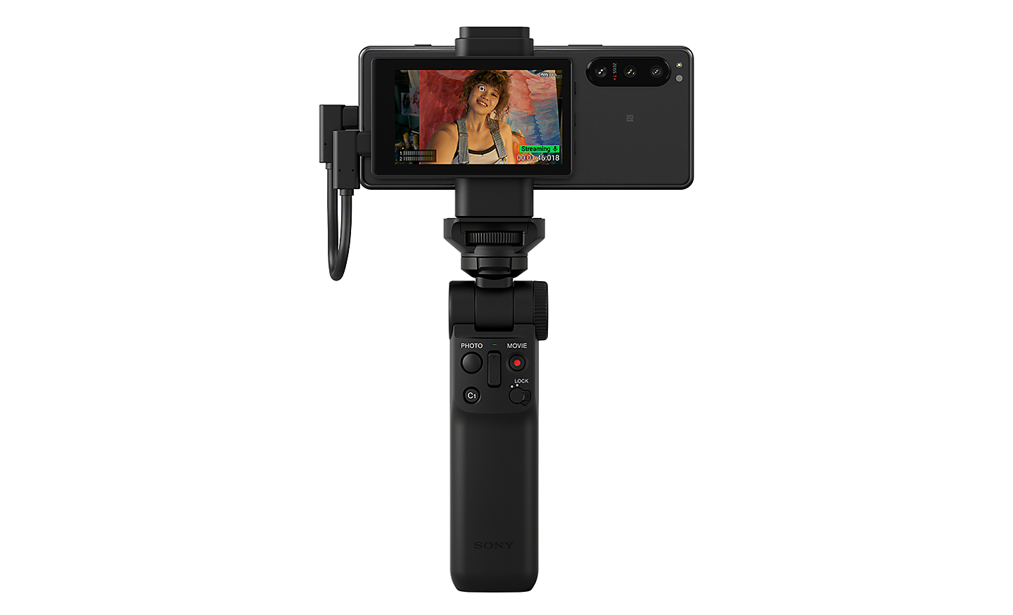 Xperia 5 IV équipé d'un moniteur de vlog et d'une poignée de prise de vue avec technologie Bluetooth