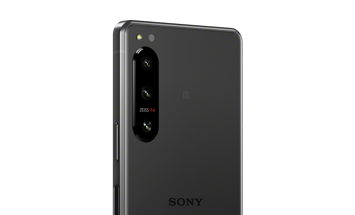 Close-up of triple lens camera on Xperia 5 IV showing logo for ZEISS T* coating