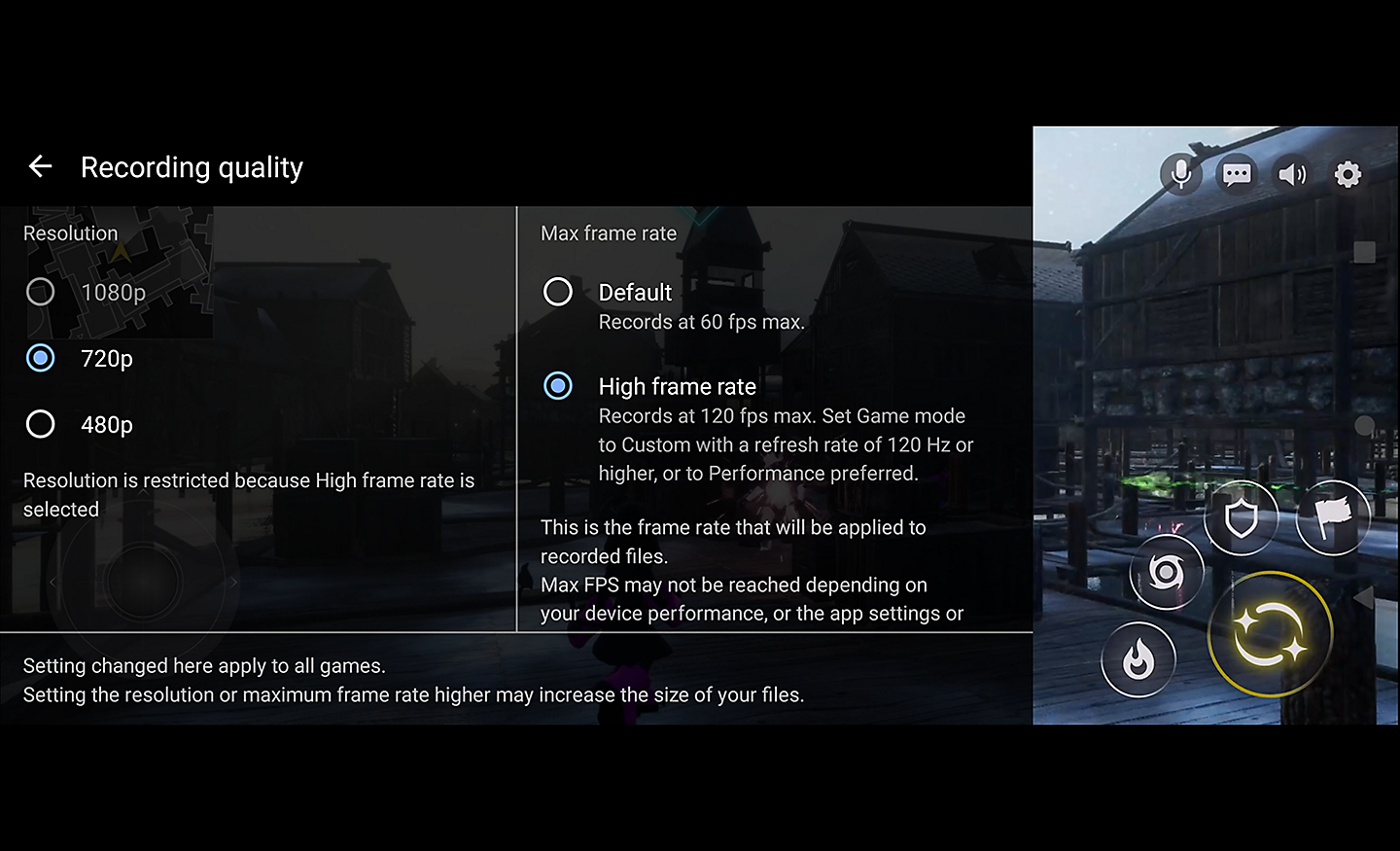Screenshot van een gamingopname waarin de kwaliteitsinstellingen van de Xperia 5 IV zichtbaar zijn