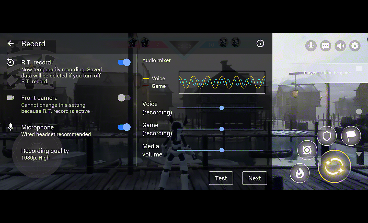 Screenshot showing UI for adjustable settings including R.T. record
