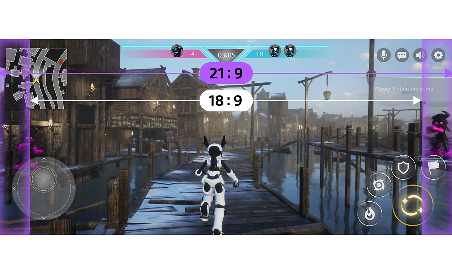 Gaming-Screenshot mit Vergleich zwischen 21:9 Breitbilddisplay und 18:9 Display