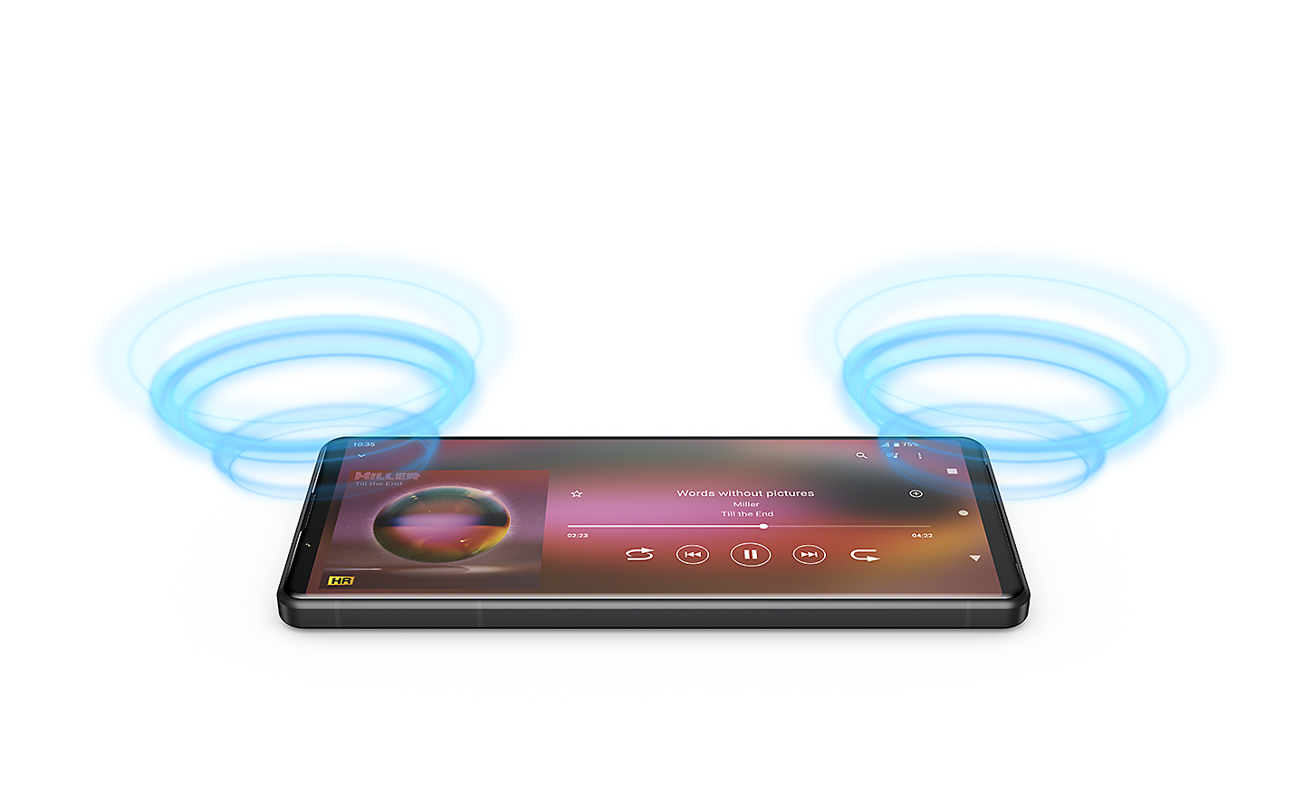 De Xperia 5 IV met een muziekspeler-UI op het scherm en geïllustreerde blauwe geluidsgolven die uit beide uiteinden van de telefoon komen