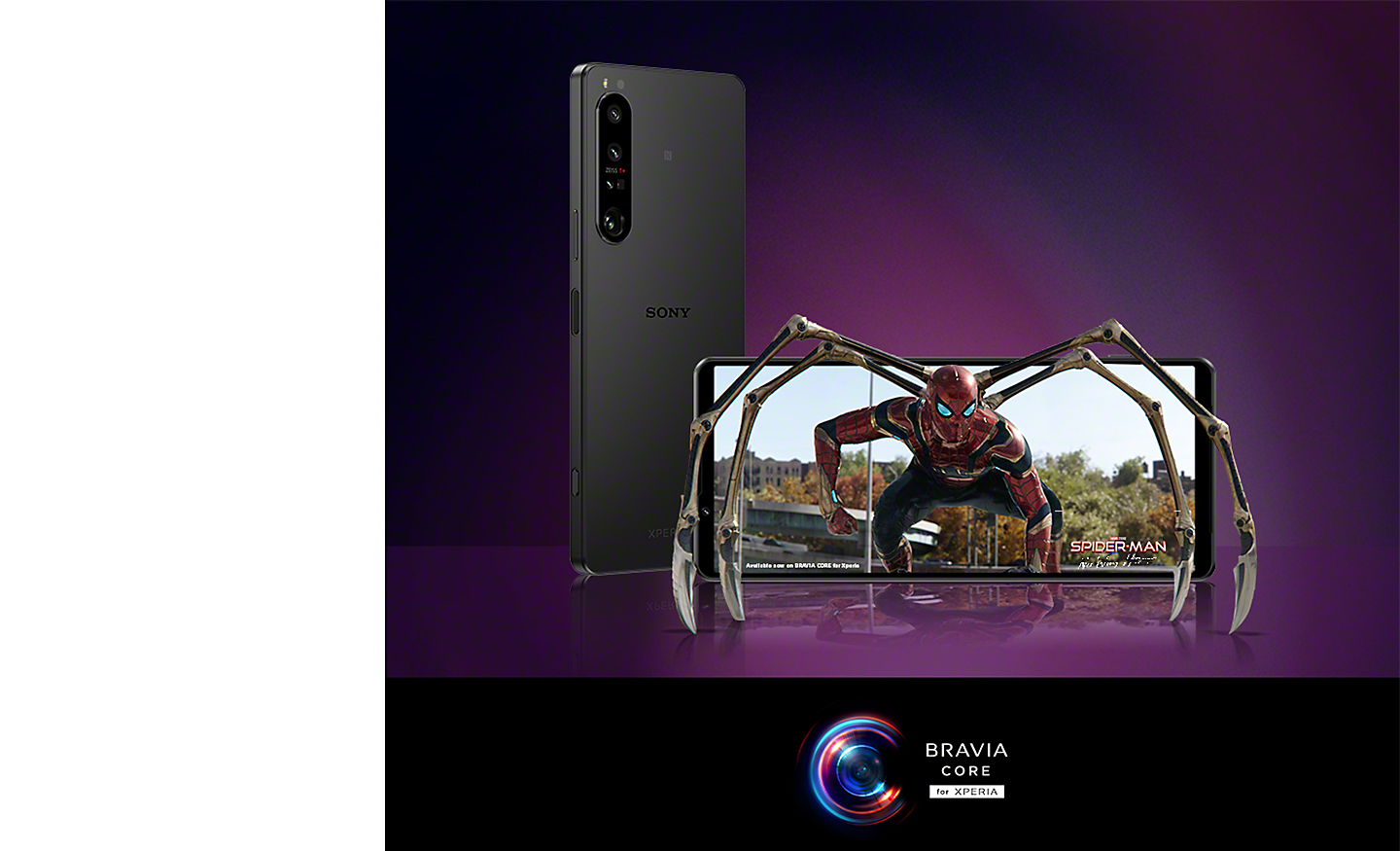 Two Xperia smartphones, one with Spider-Man emerging from the display and the logos for Spider-Man: No Way Home and BRAVIA CORE for Xperia