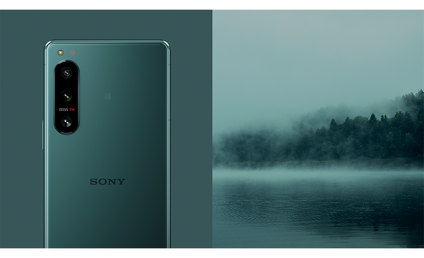 Xperia 5 IV in green next to a green-hued image of a lake and forest