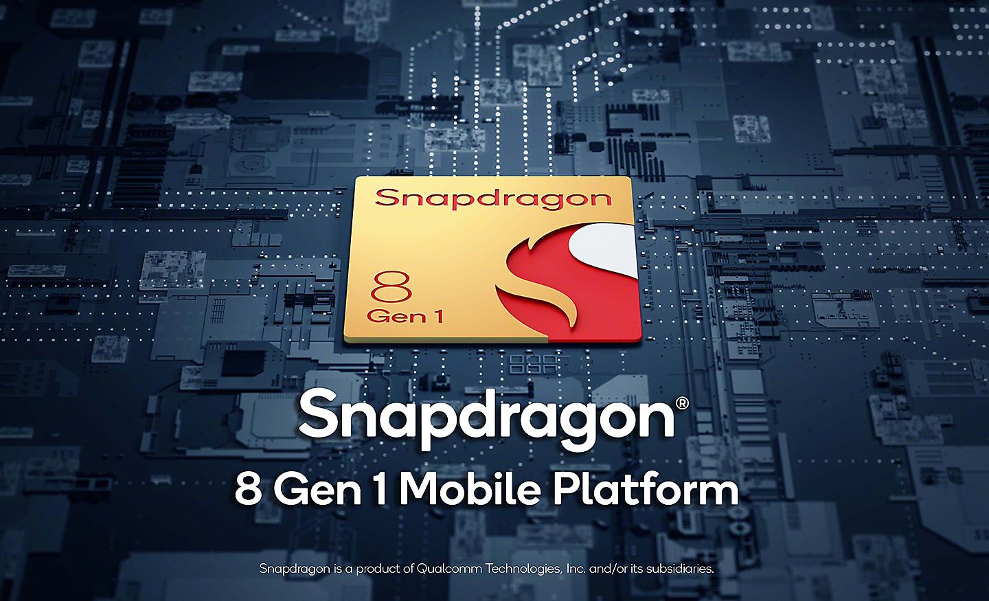 Logotip mobilne platforme Snapdragon® 8 Gen 1 na pozadini s uzorkom tiskane pločice