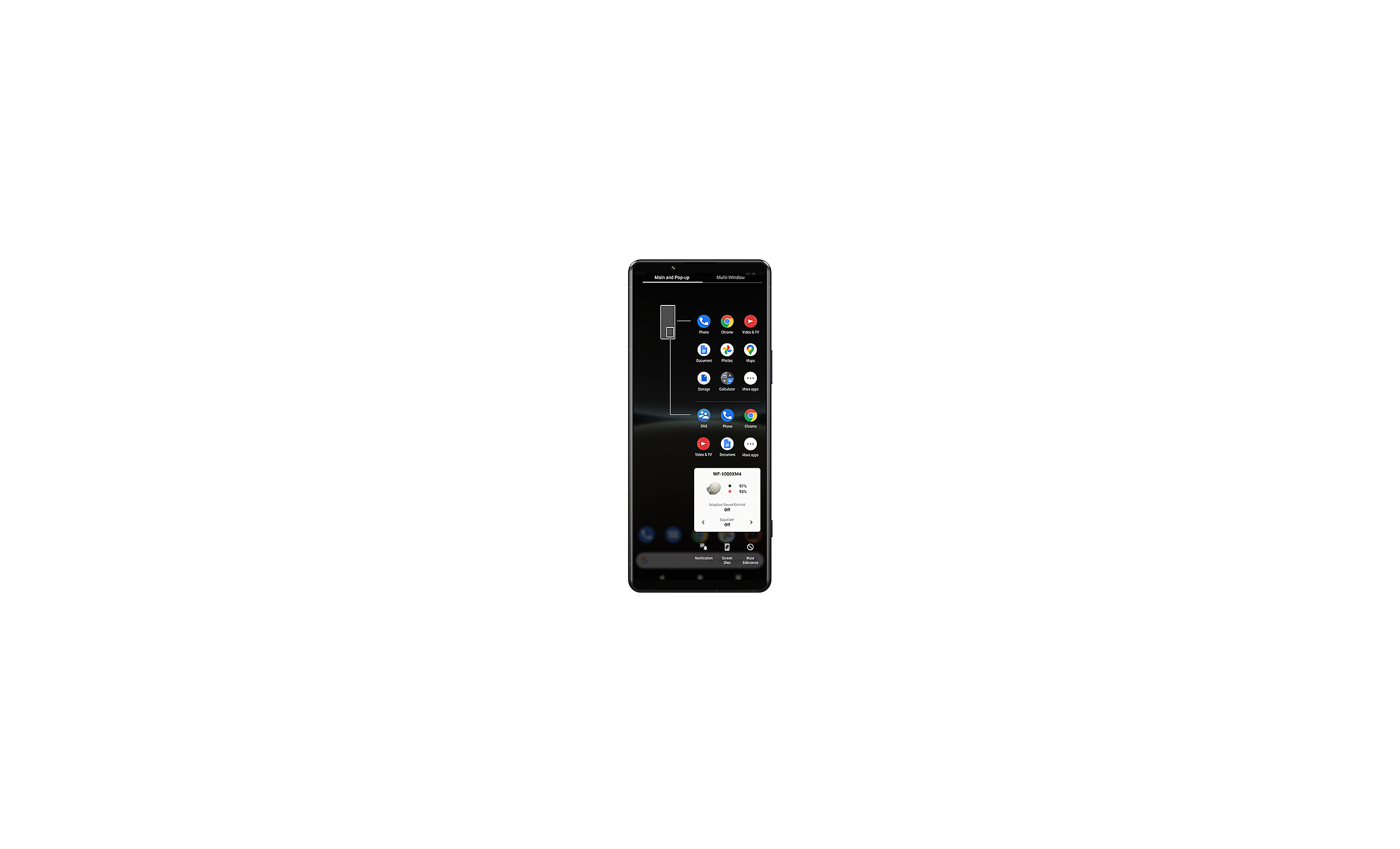 Smartphone Xperia afișând opțiunea de manager de ferestre