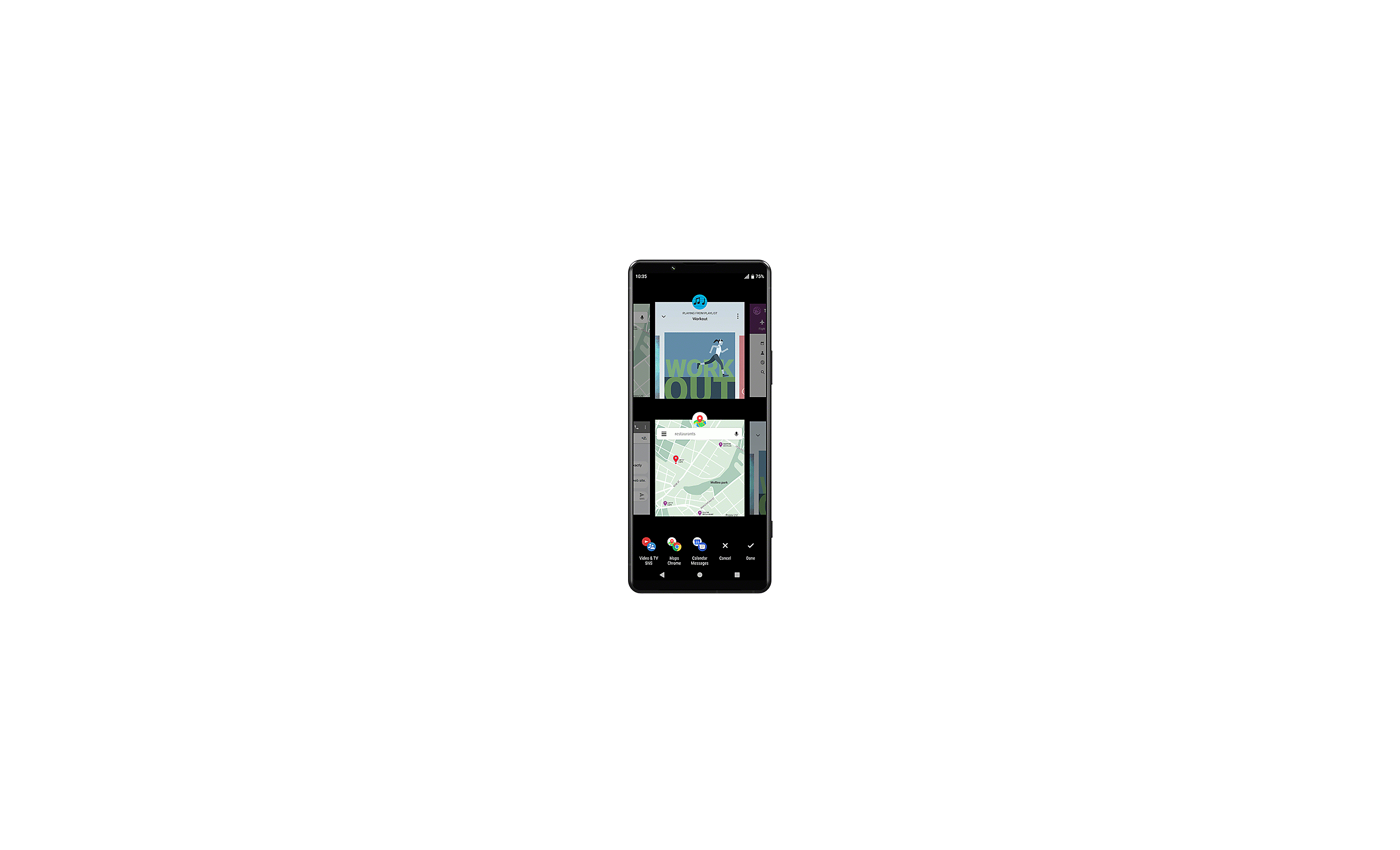 Xperia pametni telefon, na zaslonu je prikazano korisničko sučelje alata za prebacivanje između više prozora