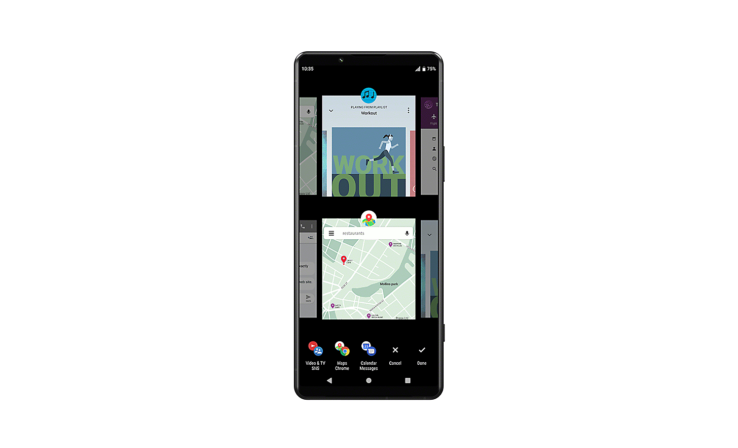 Smartphone Xperia che mostra l'interfaccia utente con il passaggio a più finestre