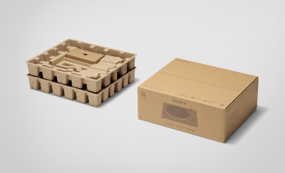 Miljöanpassade förpackningar till skivspelare, tillverkade av återvunnen kartong och formpressad fibermassa