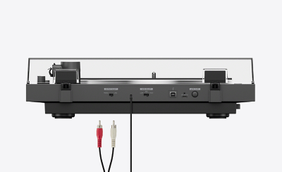 Primer plano del panel trasero del PS-LX3BT con salidas y controladores