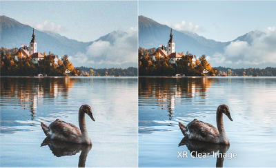Image d’un lac peuplé de cygnes. Le côté gauche présente un bruit d’image et des couleurs atténuées; celui de droite, avec la technologie XR Clear Image, est lisse et éclatant.