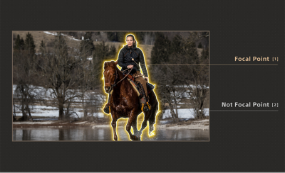 Une personne à cheval est identifiée comme le point focal de l’image, en contraste avec la rive à l’arrière-plan, qui n’est pas un point focal.