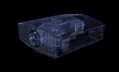 Représentation 3D translucide du projecteur présentant le design unique de la source lumineuse laser de Sony.