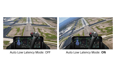Comparaison de vues de simulateurs de vol montrant l’effet du mode de faible latence automatique sur la réactivité du jeu, lorsqu’il est activé et désactivé.