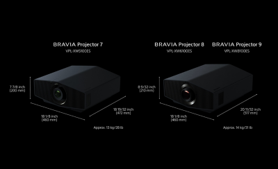Comparaison des modèles BRAVIA Projector 7, 8 et 9 soulignant le fait que le BRAVIA Projector 7 est le plus léger, avec les spécifications de dimensions et de poids indiquées.