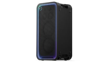 Vertical black Sony ULT TOWER MAX party speaker with cyan-to-purple LED front lighting, ULT button, and side handles.
