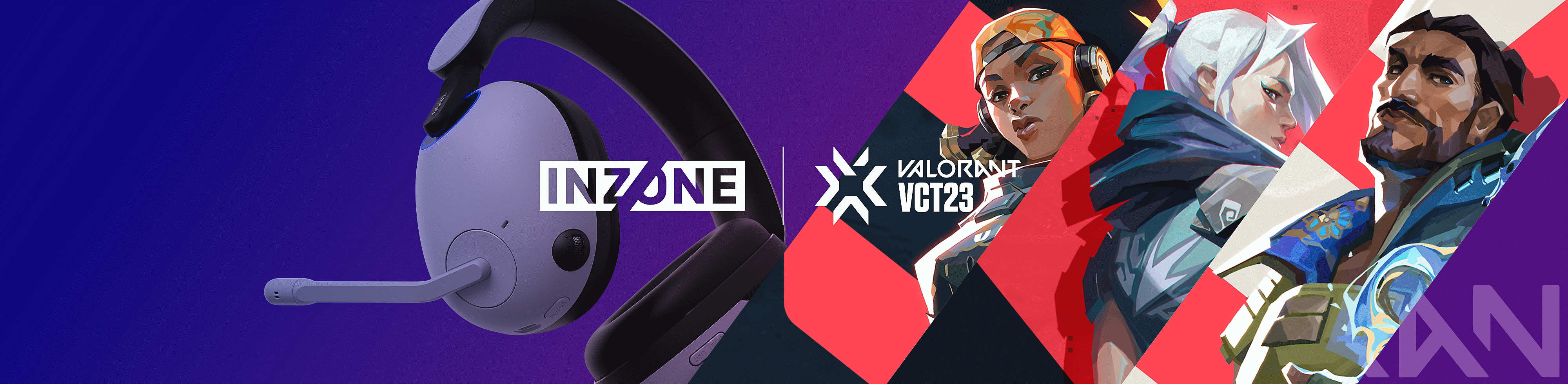 Snímek herní náhlavní soupravy INZONE H9 od společnosti Sony s postavami ze hry VALORANT a logem značky INZONE a VALORANT šampionátu VCT23