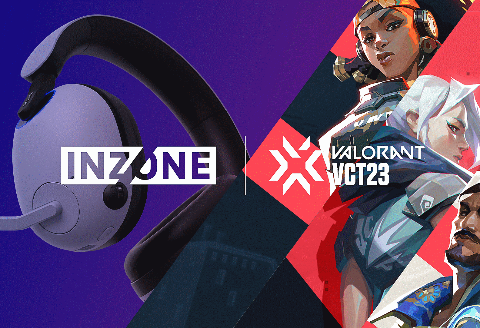 Image du casque gaming INZONE H9 de Sony avec des personnages de VALORANT et les logos INZONE et VALORANT VCT23
