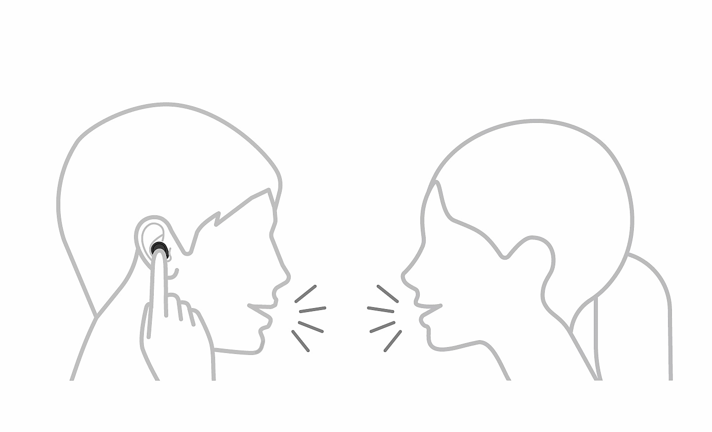 Line drawing of two people talking, one is touching their headphone with one finger and a pause icon sits top left