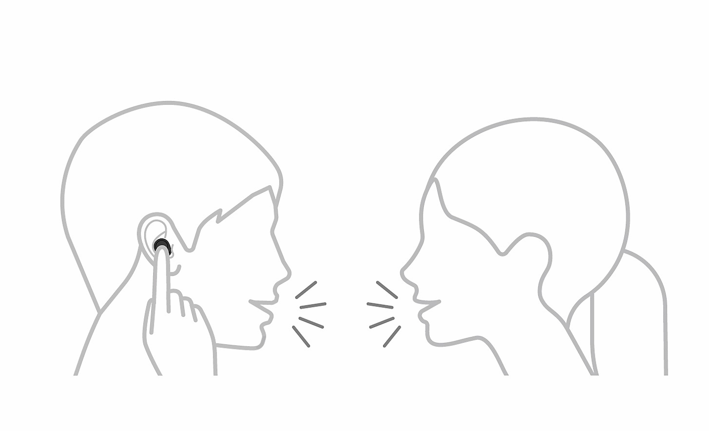 Line drawing of two people talking, one is touching their headphone with one finger and a pause icon sits top left