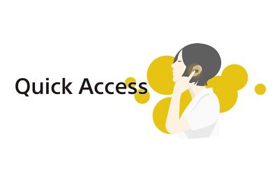 Textul Quick Access alături de o persoană care poartă căști intraauriculare și atinge una dintre căști cu degetul