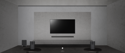 Image of a room showing TV and Soundbar on the wall, and a Subwoofer and Rear Speakers on the floor
