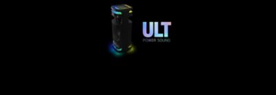 Side view of lit up ULT TOWER 10 Speaker with ULT POWER SOUND next to it.