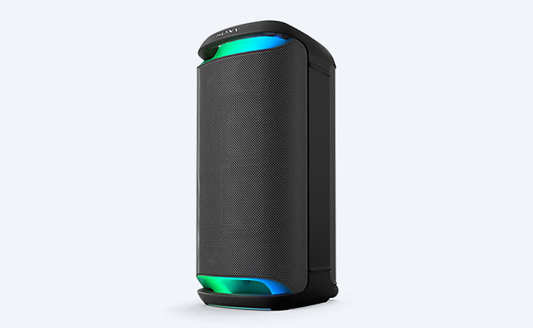 Image of the Sony SRS-XV800 Wireless Party Speaker, with blue and green ambient lighting, on a white background