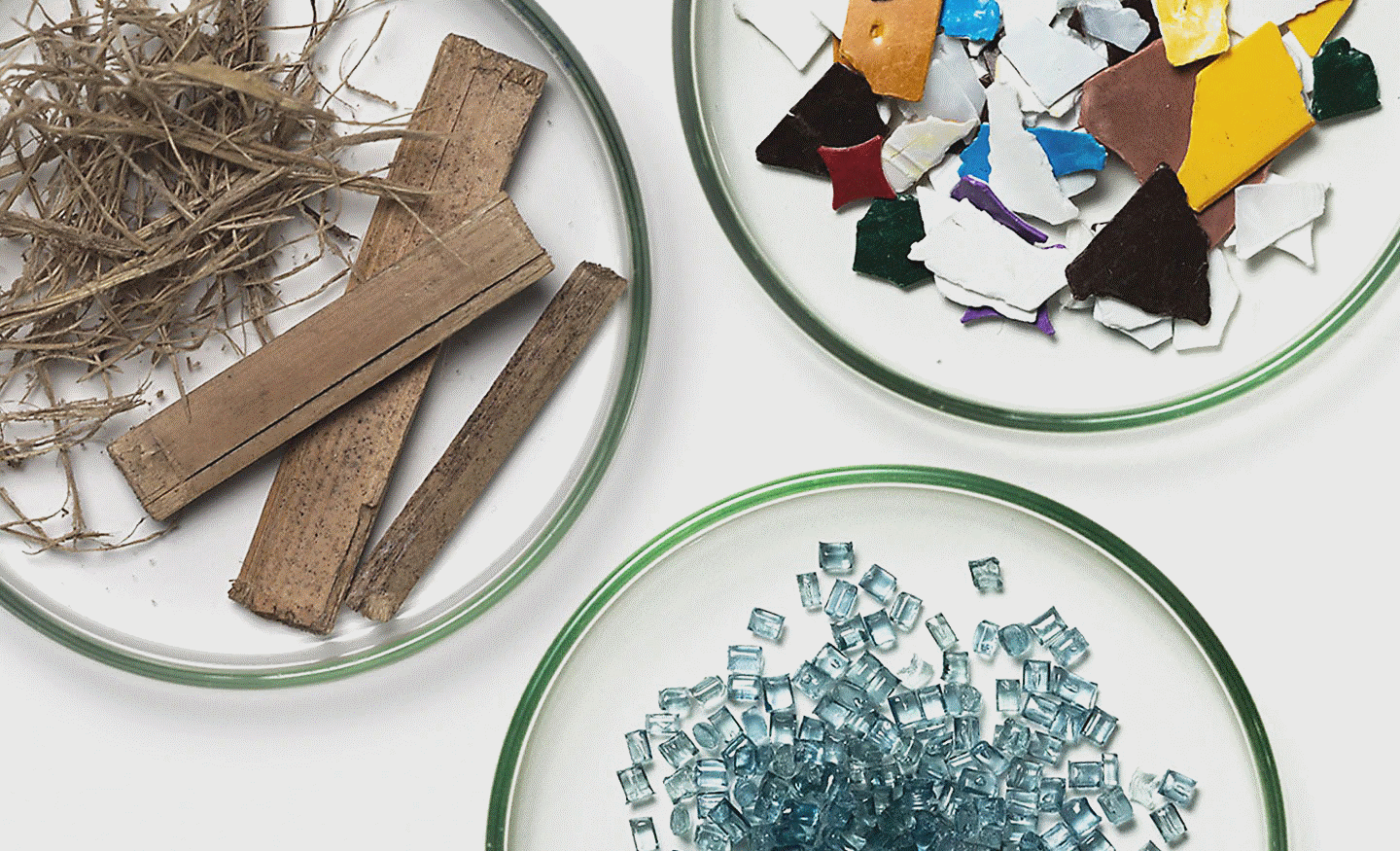 Image of various materials, including wood, glass and plastic on glass plates