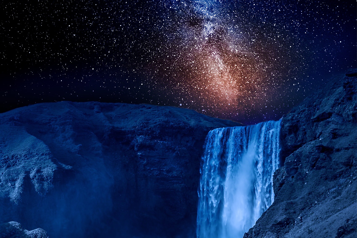 A dark blue waterfall is seen with a starry night sky in the background