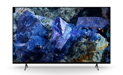 Téléviseur BRAVIA A75L sur socle avec capture d’écran de cristaux bleus