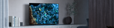 BRAVIA A80L/A83L/A84L in living room with plant and books beside TV and blue crystals on screen