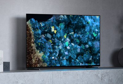 BRAVIA A80L/A83L/A84L in living room with plant and books beside TV and blue crystals on screen