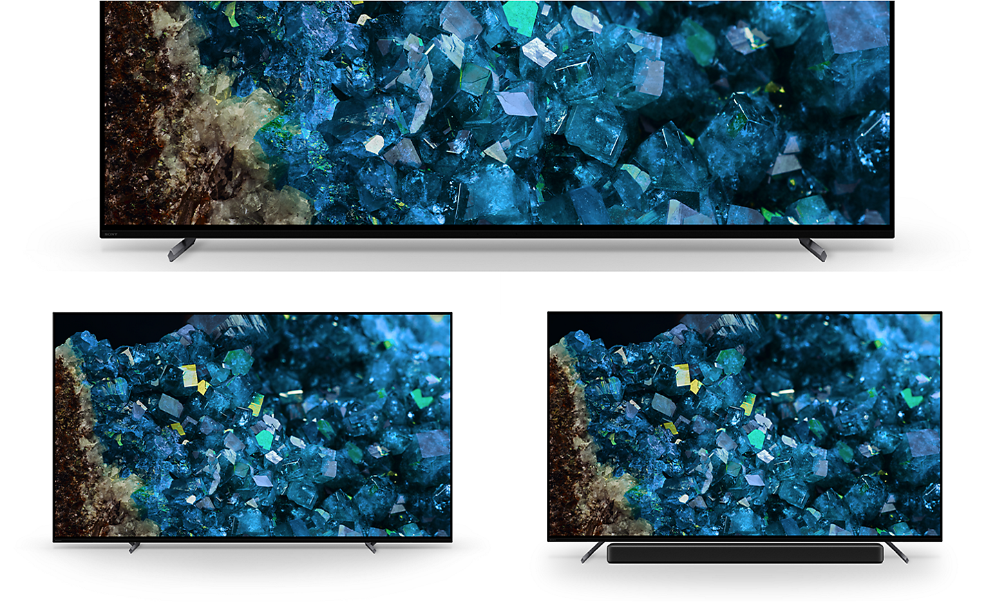 Image of three A80L Series BRAVIA TVs showing stand in standard setting, narrow setting and soundbar setting